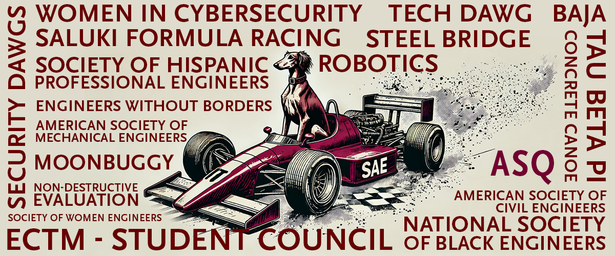 Wordcloud of names of Registered Student Organizations surround an image of a Saluki riding in a formula one race car.