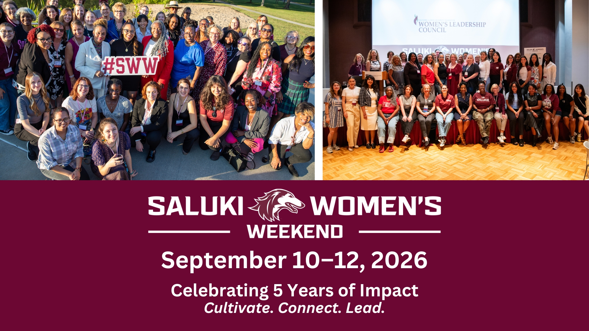 Group of women smile for the camera at the Saluki Women's Weekend.